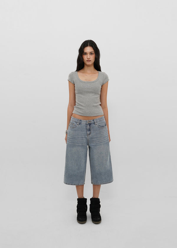[B-BASIC] Basic Ribbed Wide U-Neck Cap Sleeve Short Sleeve Top (2 Size)
