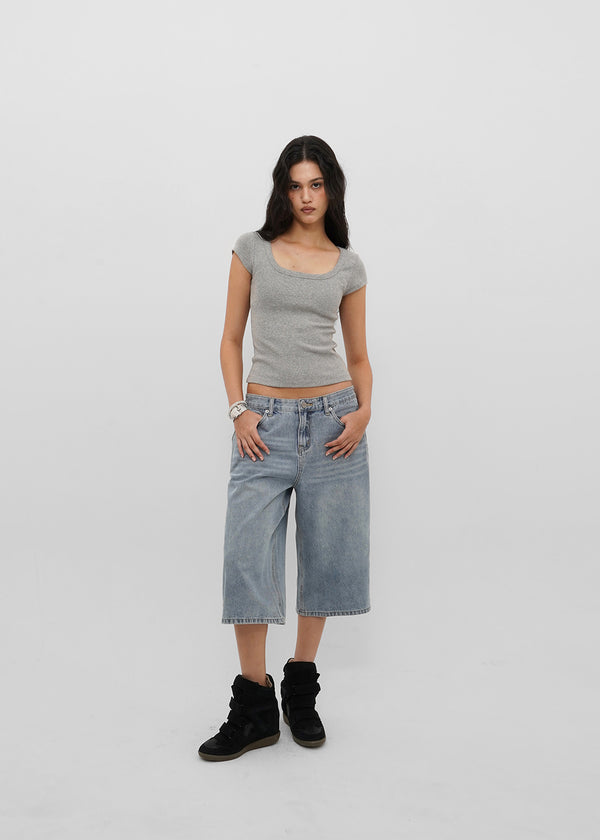 [B-BASIC] Basic Ribbed Wide U-Neck Cap Sleeve Short Sleeve Top (2 Size)