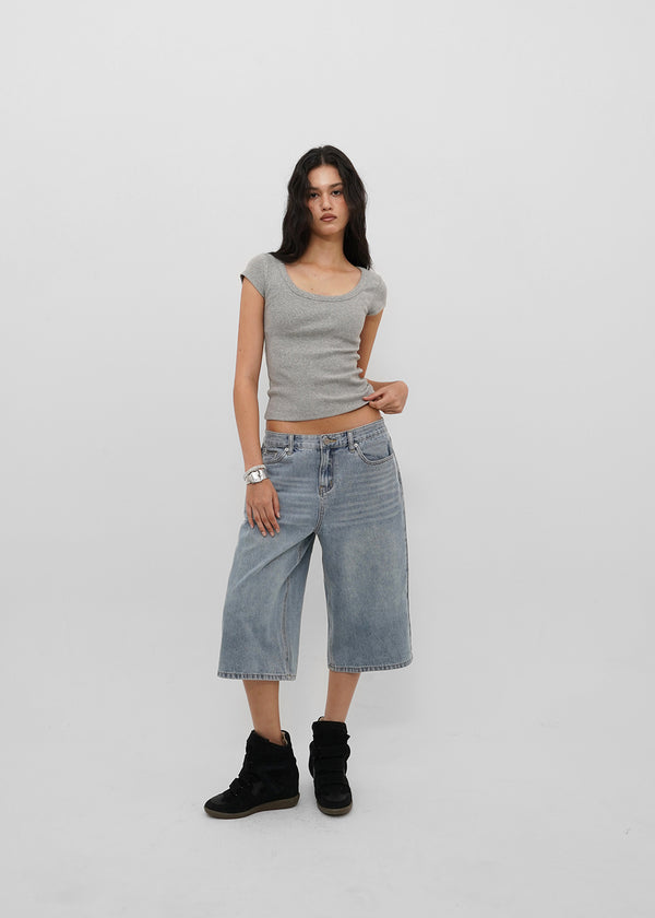 [B-BASIC] Basic Ribbed Wide U-Neck Cap Sleeve Short Sleeve Top (2 Size)