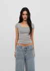[B-BASIC] Basic Ribbed Wide U-Neck Cap Sleeve Short Sleeve Top (2 Size)