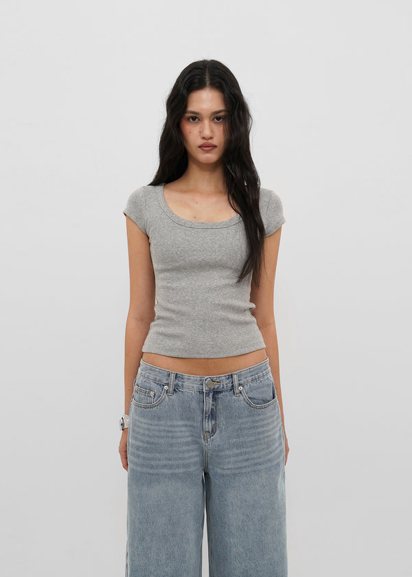 [B-BASIC] Basic Ribbed Wide U-Neck Cap Sleeve Short Sleeve Top (2 Size)