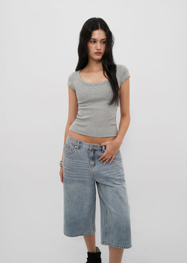 [B-BASIC] Basic Ribbed Wide U-Neck Cap Sleeve Short Sleeve Top (2 Size)