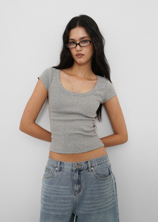 [B-BASIC] Basic Ribbed Wide U-Neck Cap Sleeve Short Sleeve Top (2 Size)