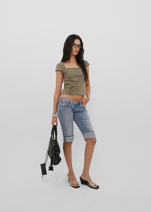 [B-BASIC] Tension Cotton Square-Neck Cap-Sleeve Short-Sleeve T-Shirt (2 SIZE)
