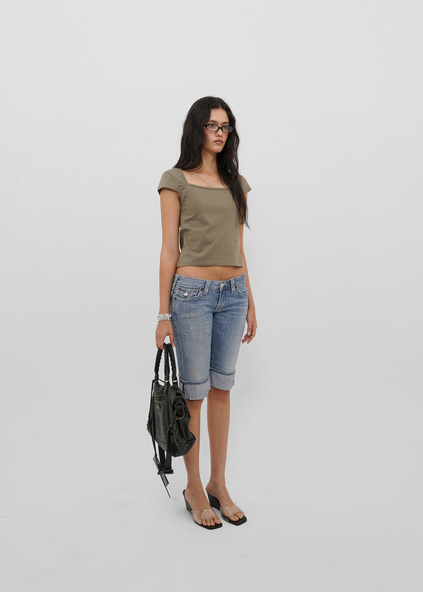 [B-BASIC] Tension Cotton Square-Neck Cap-Sleeve Short-Sleeve T-Shirt (2 SIZE)