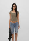 [B-BASIC] Tension Cotton Square-Neck Cap-Sleeve Short-Sleeve T-Shirt (2 SIZE)