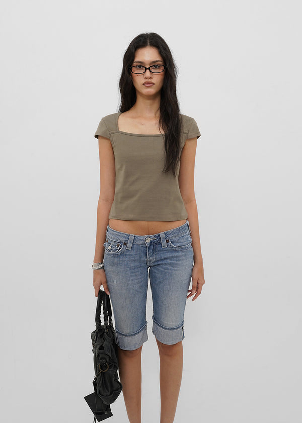 [B-BASIC] Tension Cotton Square-Neck Cap-Sleeve Short-Sleeve T-Shirt (2 SIZE)