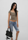 [B-BASIC] Tension Cotton Square-Neck Cap-Sleeve Short-Sleeve T-Shirt (2 SIZE)