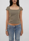 [B-BASIC] Tension Cotton Square-Neck Cap-Sleeve Short-Sleeve T-Shirt (2 SIZE)