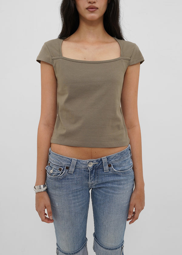 [B-BASIC] Tension Cotton Square-Neck Cap-Sleeve Short-Sleeve T-Shirt (2 SIZE)
