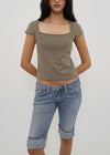[B-BASIC] Tension Cotton Square-Neck Cap-Sleeve Short-Sleeve T-Shirt (2 SIZE)