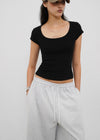 [B-BASIC] Basic Ribbed Wide U-Neck Cap Sleeve Short Sleeve Top (2 Size)