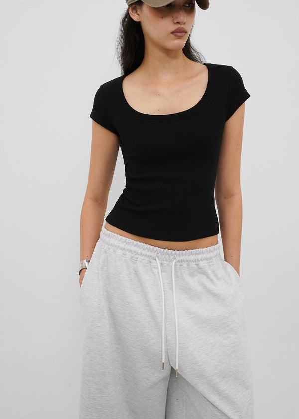 [B-BASIC] Basic Ribbed Wide U-Neck Cap Sleeve Short Sleeve Top (2 Size)