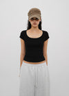 [B-BASIC] Basic Ribbed Wide U-Neck Cap Sleeve Short Sleeve Top (2 Size)