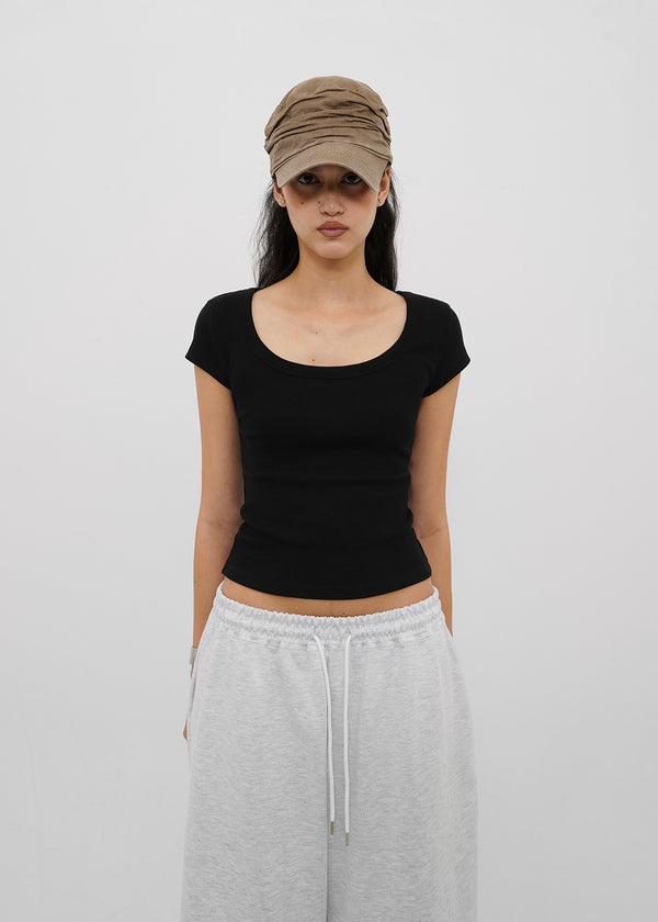 [B-BASIC] Basic Ribbed Wide U-Neck Cap Sleeve Short Sleeve Top (2 Size)