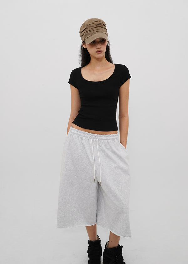 [B-BASIC] Basic Ribbed Wide U-Neck Cap Sleeve Short Sleeve Top (2 Size)