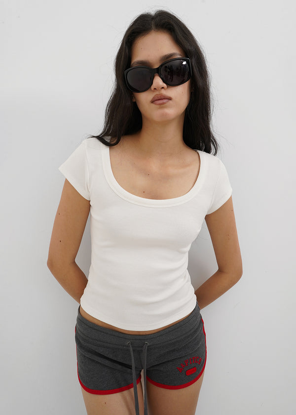 [B-BASIC] Basic Ribbed Wide U-Neck Cap Sleeve Short Sleeve Top (2 Size)