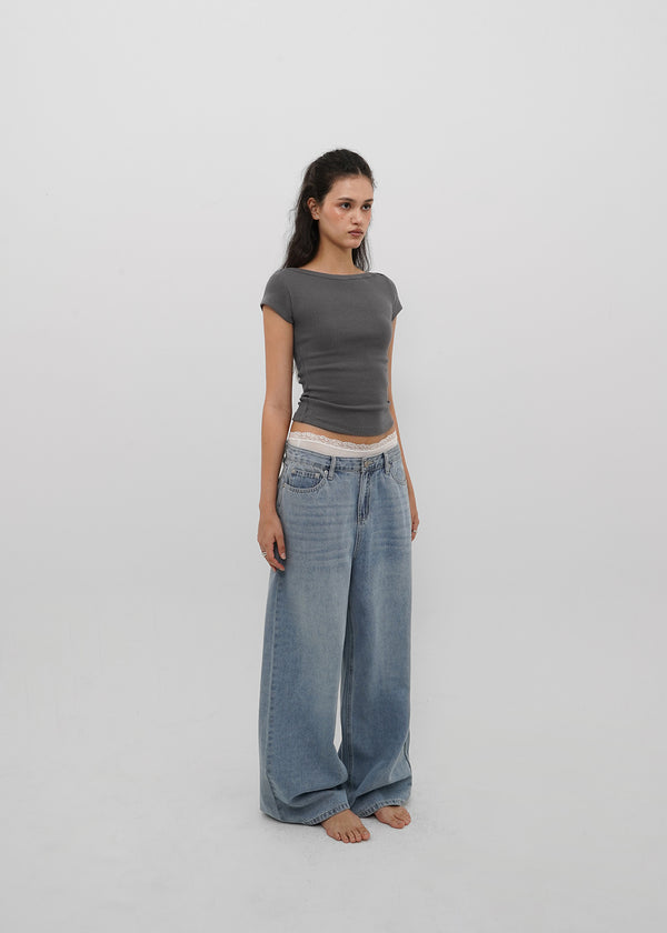 [B-BASIC] Basic Ribbed Boat Neck Short Sleeve Tee (2 SIZE)