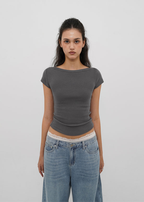[B-BASIC] Basic Ribbed Boat Neck Short Sleeve Tee (2 SIZE)