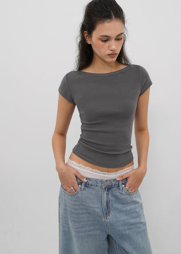 [B-BASIC] Basic Ribbed Boat Neck Short Sleeve Tee (2 SIZE)