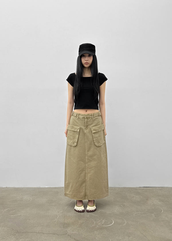 Zelkin Buckle Pocket Cotton Long Skirt