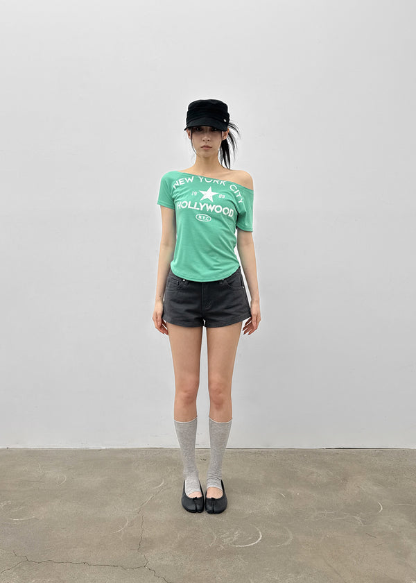 Tikill Lettering Off-shoulder Short Sleeve T-shirt