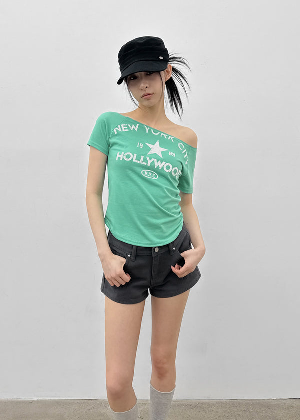 Tikill Lettering Off-shoulder Short Sleeve T-shirt