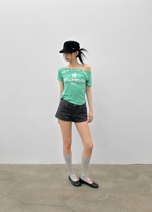 Tikill Lettering Off-shoulder Short Sleeve T-shirt