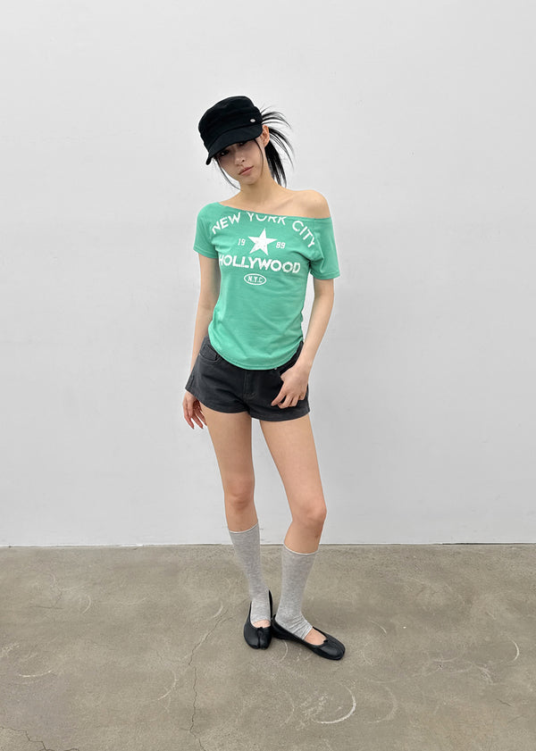 Tikill Lettering Off-shoulder Short Sleeve T-shirt