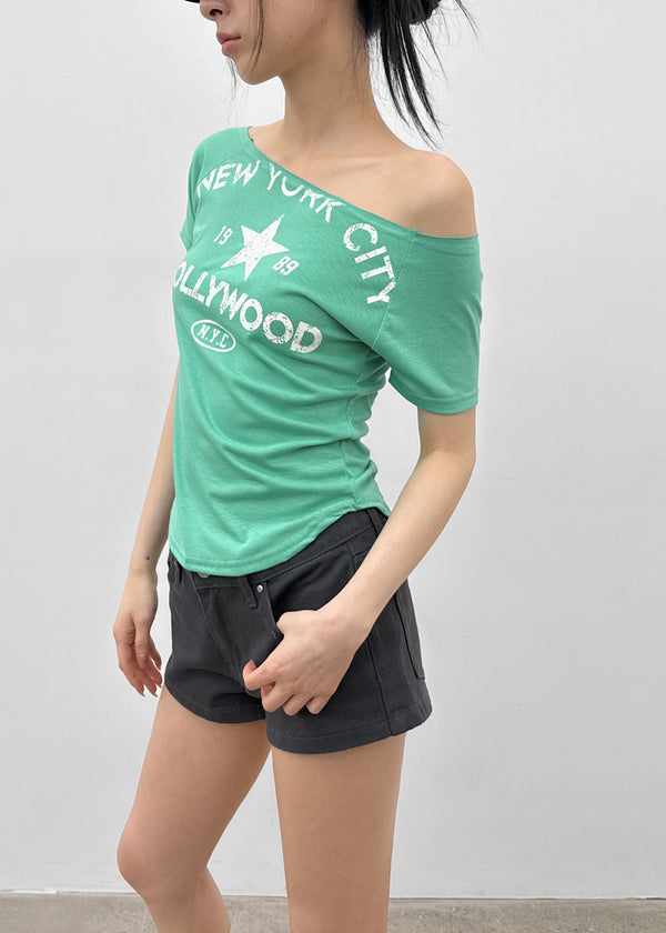 Tikill Lettering Off-shoulder Short Sleeve T-shirt