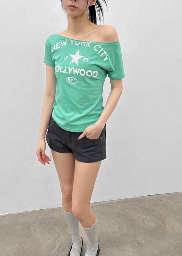 Tikill Lettering Off-shoulder Short Sleeve T-shirt