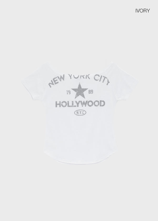 Tikill Lettering Off-shoulder Short Sleeve T-shirt