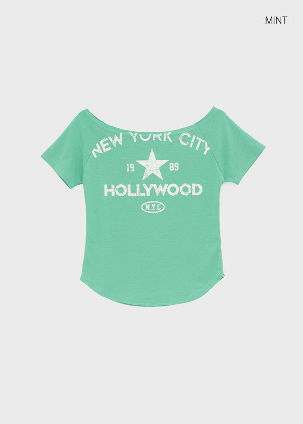 Tikill Lettering Off-shoulder Short Sleeve T-shirt