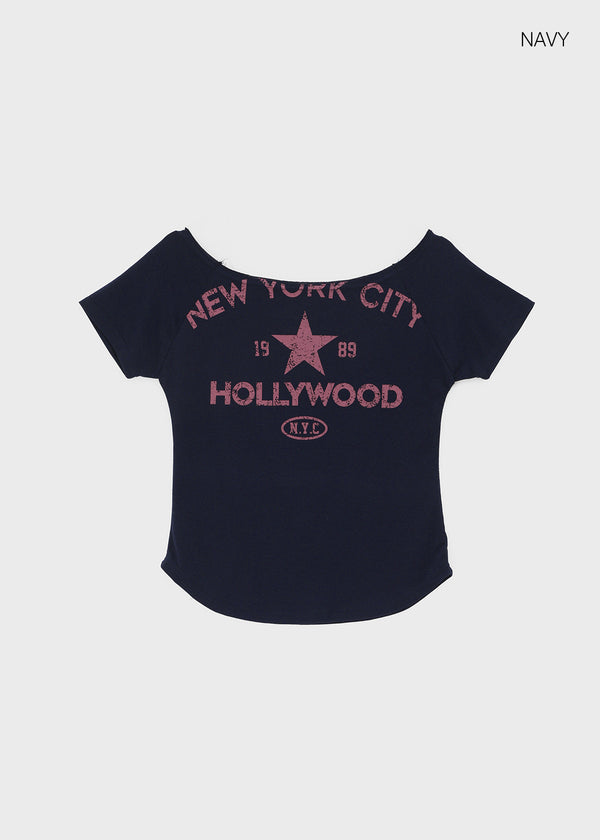 Tikill Lettering Off-shoulder Short Sleeve T-shirt