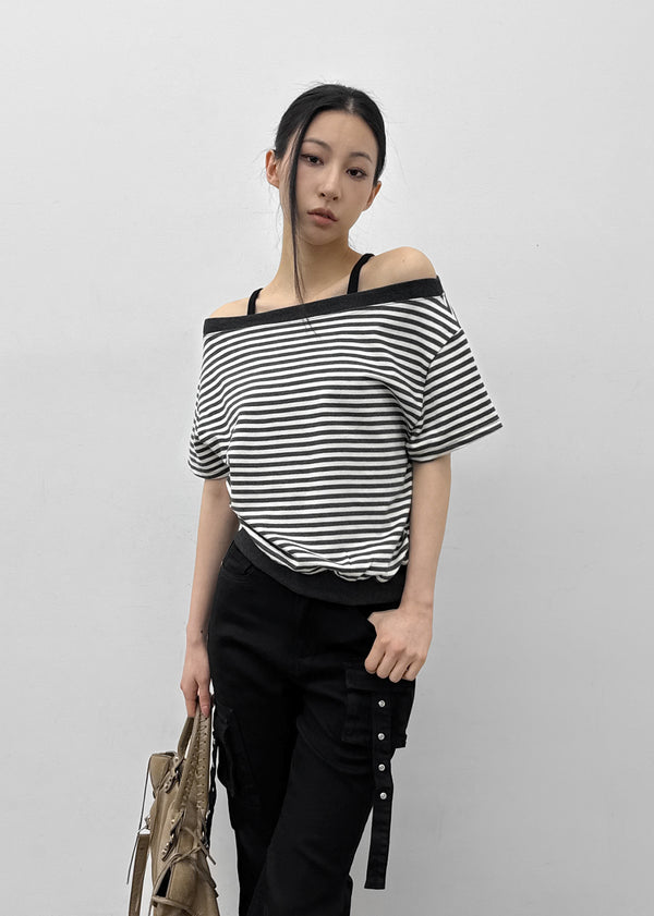 [MADE] Welco Stripe Off-Shoulder Short Sleeve Top