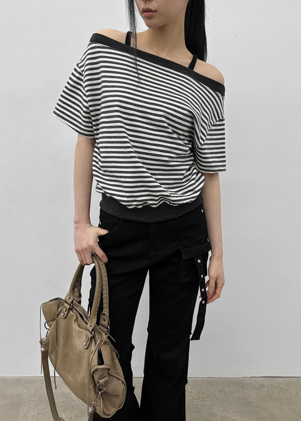 [MADE] Welco Stripe Off-Shoulder Short Sleeve Top