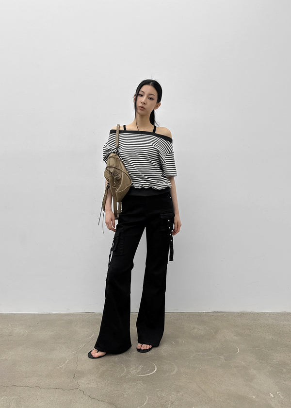 [MADE] Welco Stripe Off-Shoulder Short Sleeve Top