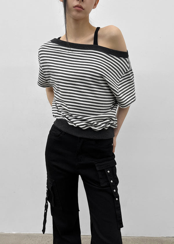 [MADE] Welco Stripe Off-Shoulder Short Sleeve Top