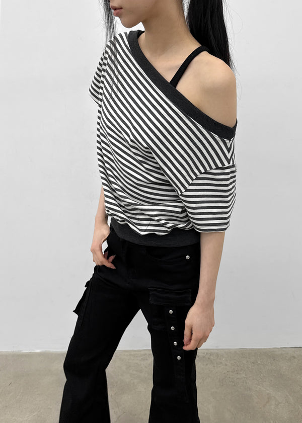 [MADE] Welco Stripe Off-Shoulder Short Sleeve Top