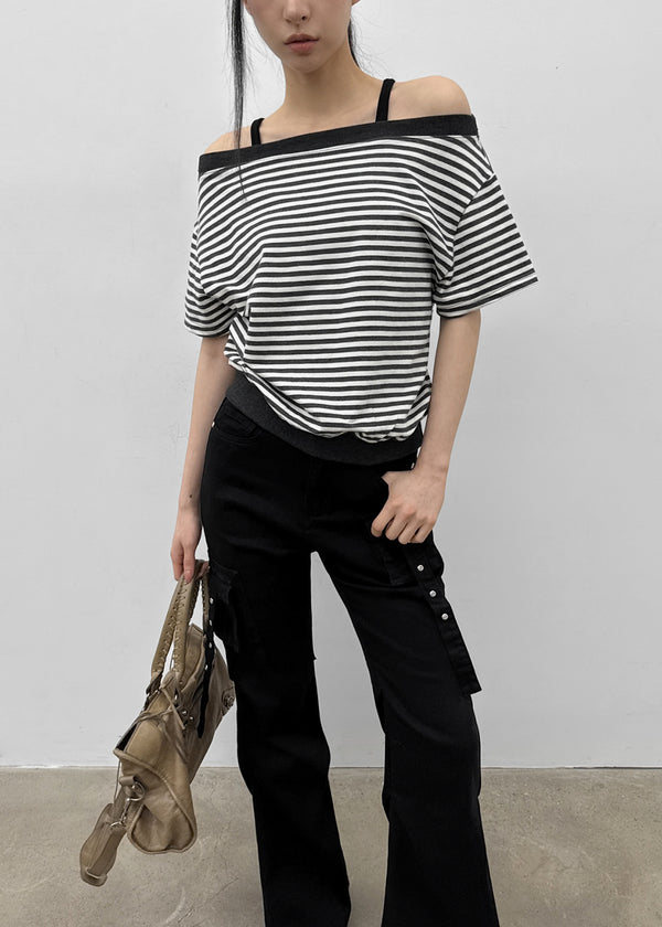[MADE] Welco Stripe Off-Shoulder Short Sleeve Top
