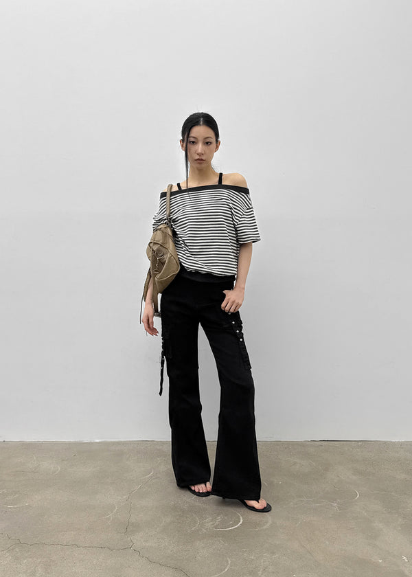 [MADE] Welco Stripe Off-Shoulder Short Sleeve Top