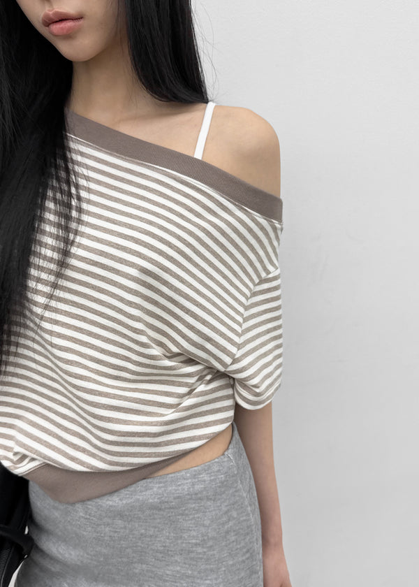 [MADE] Welco Stripe Off-Shoulder Short Sleeve Top