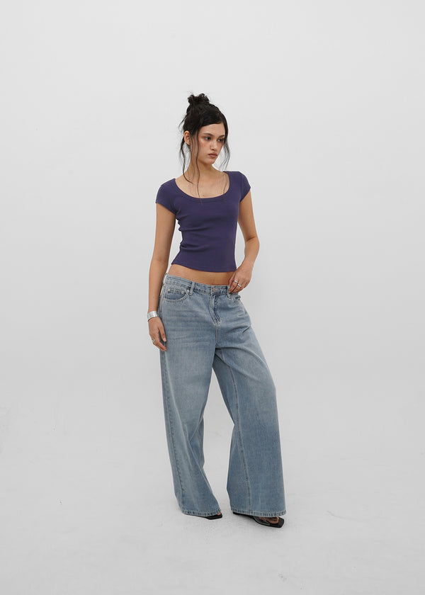[B-BASIC] Basic Ribbed Wide U-Neck Cap Sleeve Short Sleeve Top (2 Size)