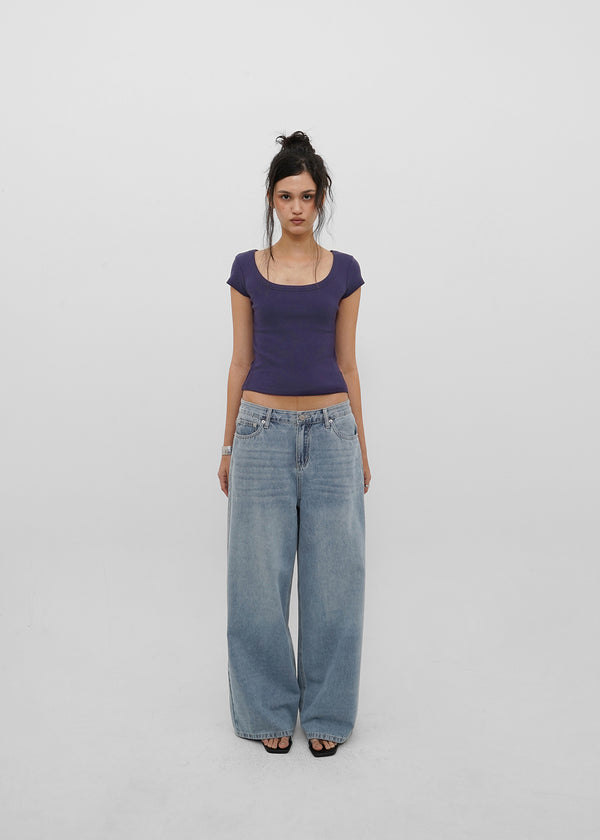 [B-BASIC] Basic Ribbed Wide U-Neck Cap Sleeve Short Sleeve Top (2 Size)