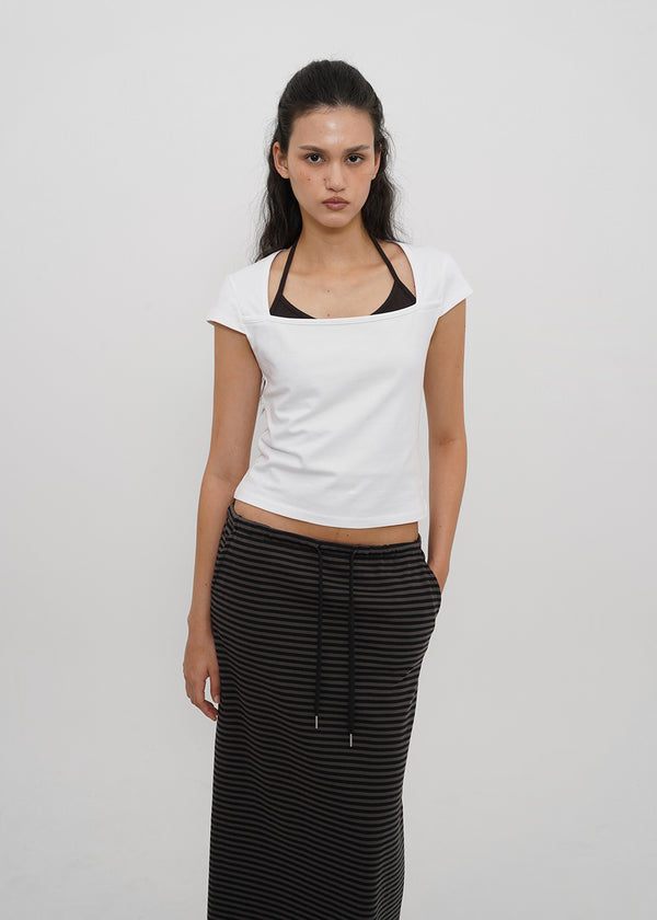 [B-BASIC] Tension Cotton Square-Neck Cap-Sleeve Short-Sleeve T-Shirt (2 SIZE)