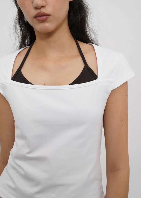 [B-BASIC] Tension Cotton Square-Neck Cap-Sleeve Short-Sleeve T-Shirt (2 SIZE)