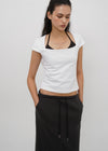 [B-BASIC] Tension Cotton Square-Neck Cap-Sleeve Short-Sleeve T-Shirt (2 SIZE)