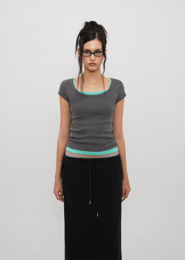 [B-BASIC] Basic Ribbed Wide U-Neck Cap Sleeve Short Sleeve Top (2 Size)
