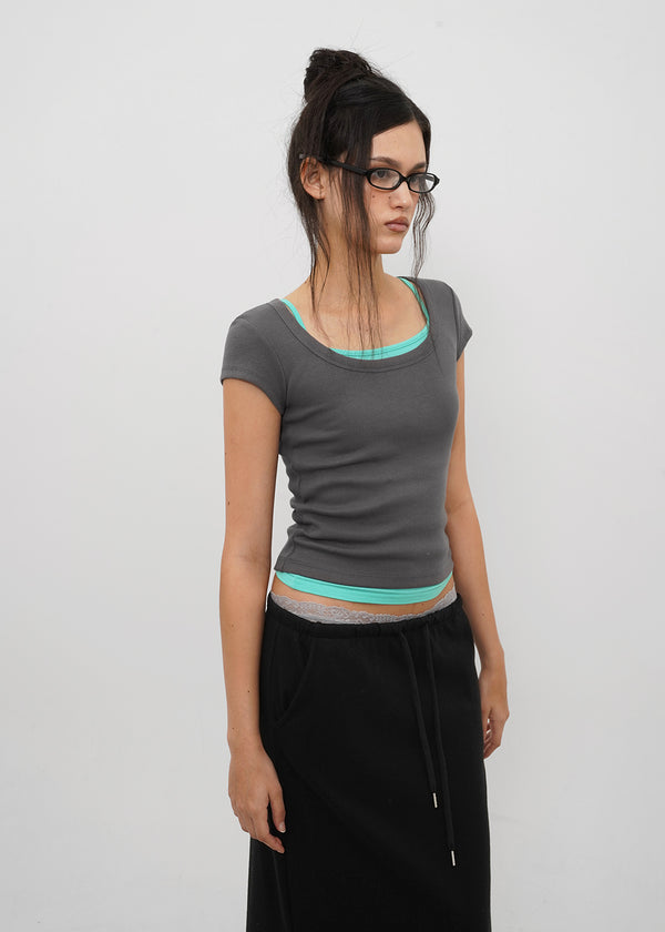 [B-BASIC] Basic Ribbed Wide U-Neck Cap Sleeve Short Sleeve Top (2 Size)