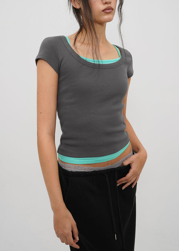 [B-BASIC] Basic Ribbed Wide U-Neck Cap Sleeve Short Sleeve Top (2 Size)